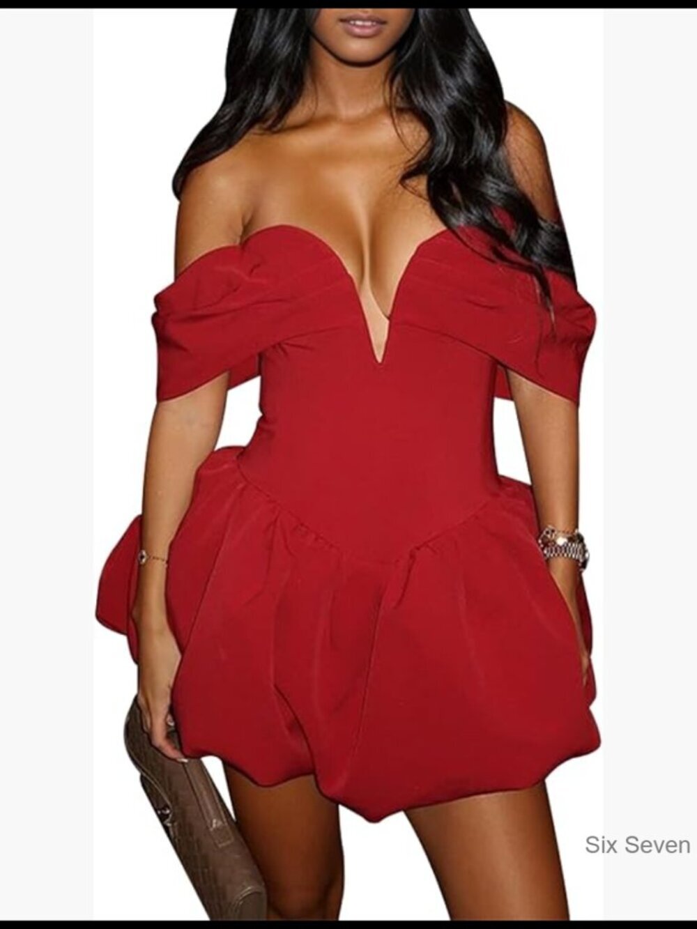 V Neck Off Shoulder Bubble Mini Dress Backless A Line Party Cocktail Puffy